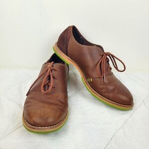 ahnu brown leather women's lace-up casual oxford shoes neon green academia 7.5